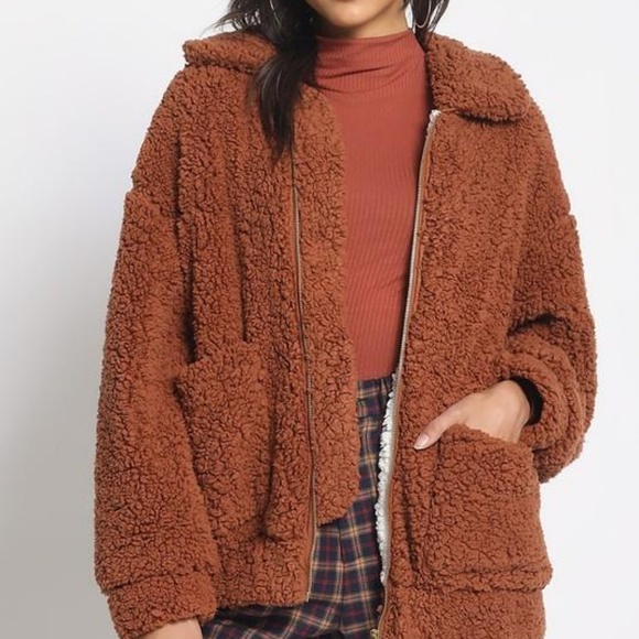 Sale! Rust Contrasting Fuzzy Sherpa Jacket - Picture 3 of 8